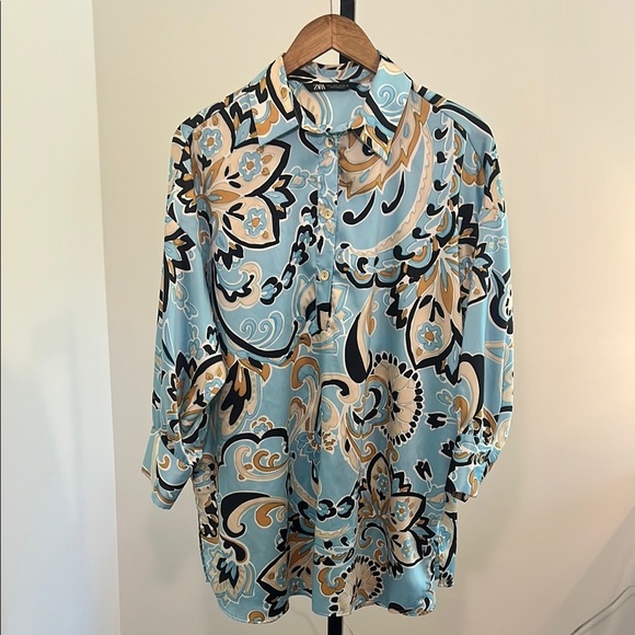 Zara Tops - Zara Womens Blue Paisley Pattern 3/4 Sleeve Button Up Blouse, Large